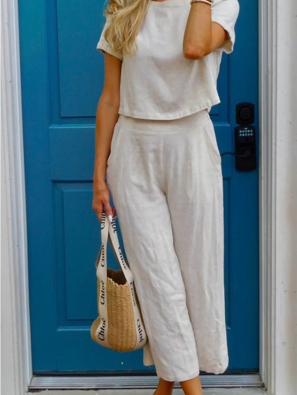 ZESICA LINEN SHORT SLEEVE CROP TOP HIGH WAIST PANTS LOUNGE SET